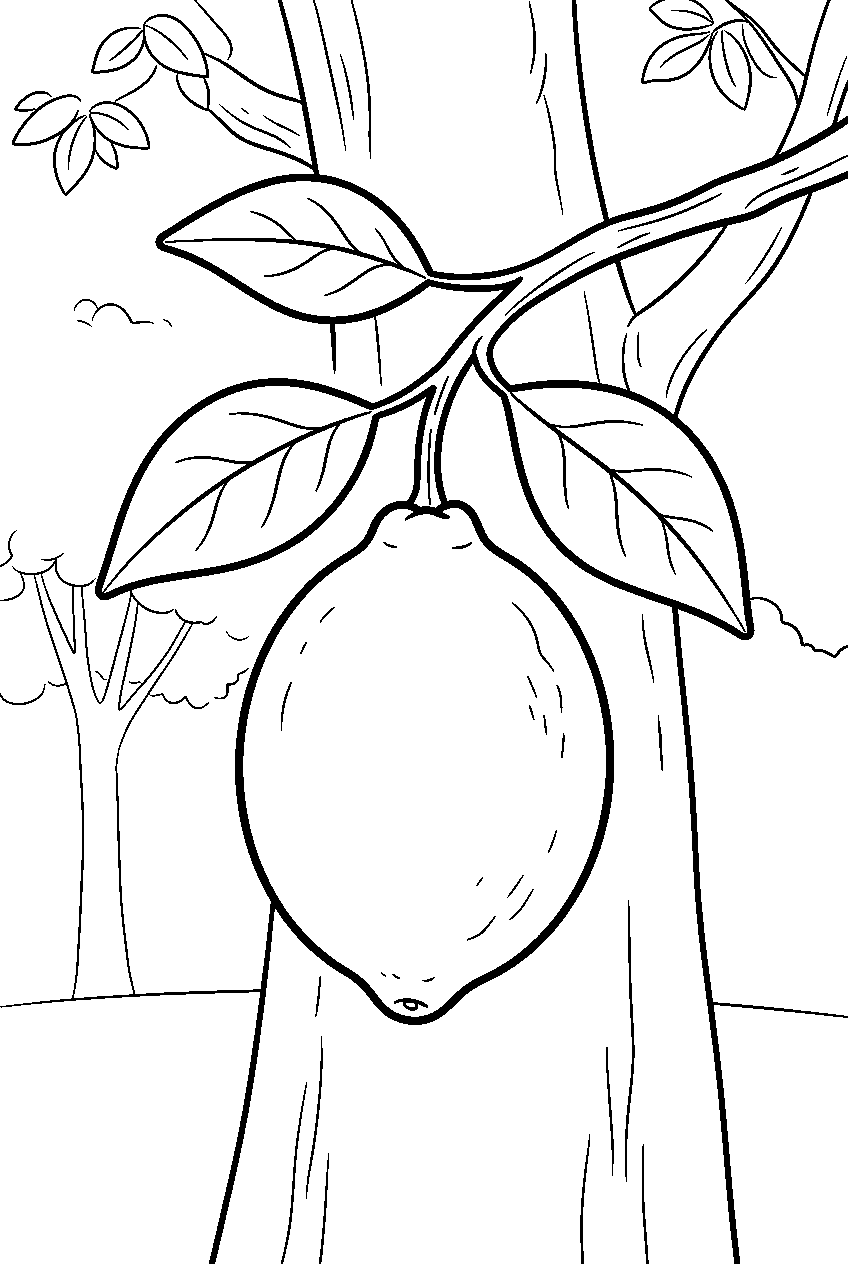 lemon hanging from branch in citrus grove line art