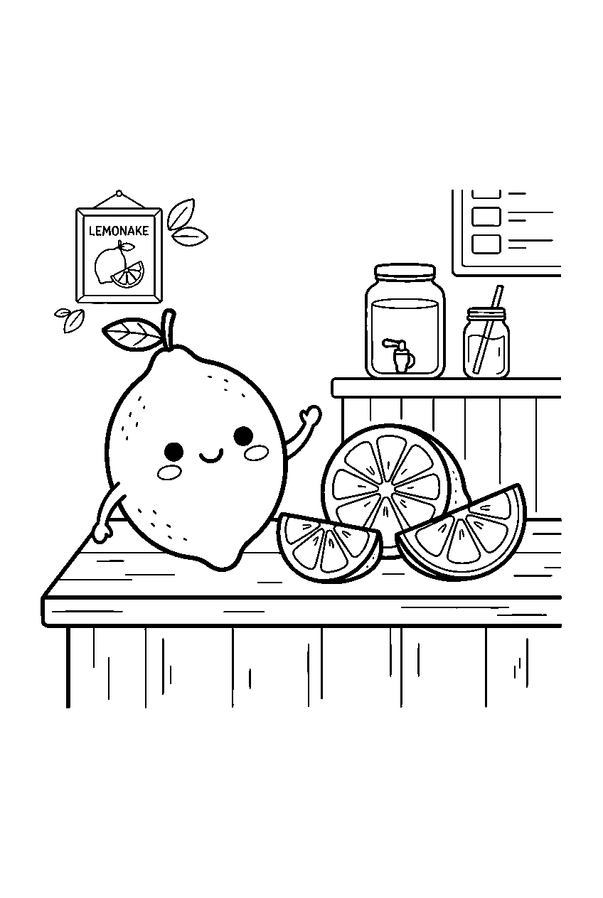 lemon slices beside one smiling lemon at cafe drink counter line art