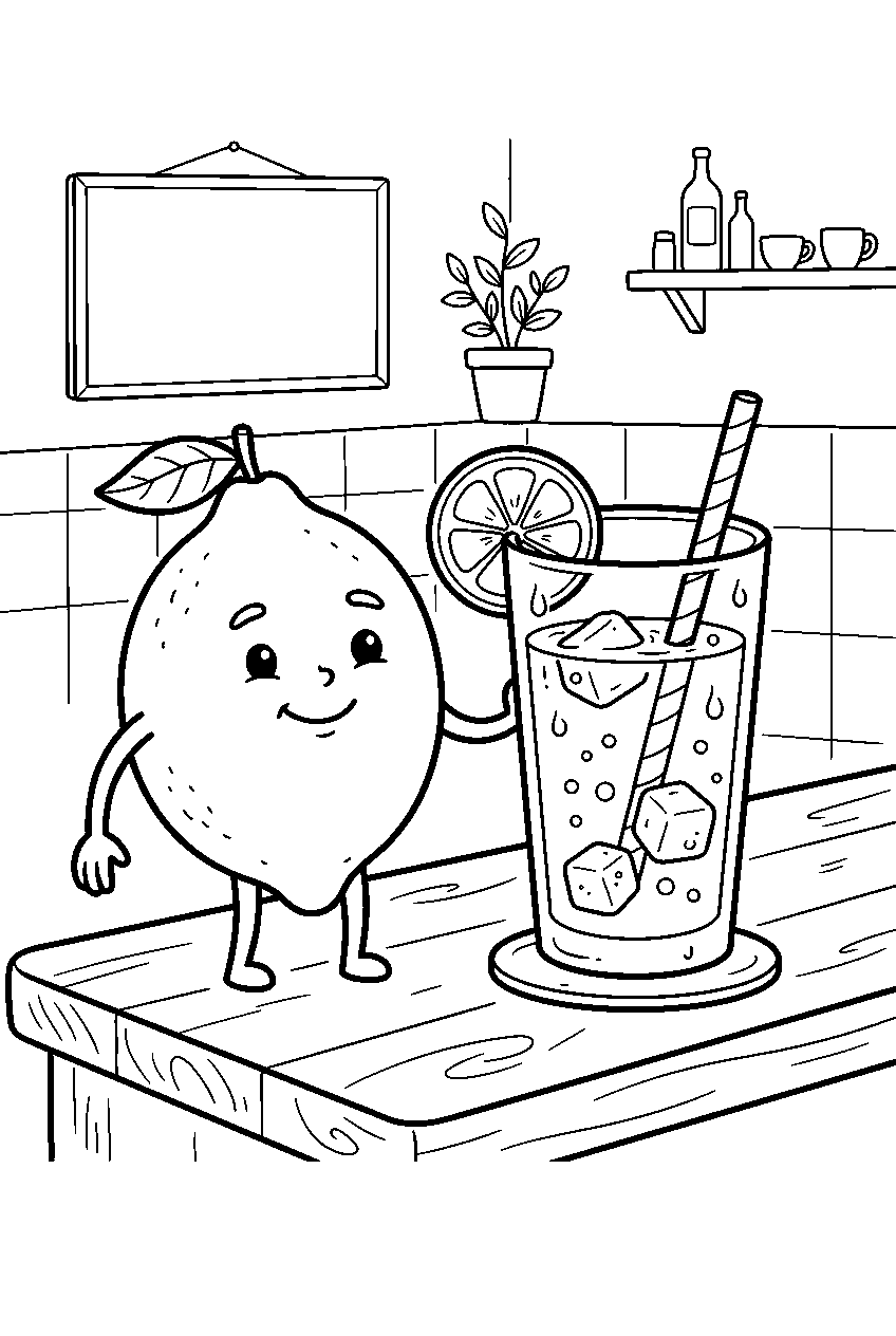 lemon smiling beside lemonade glass at cafe counter line art
