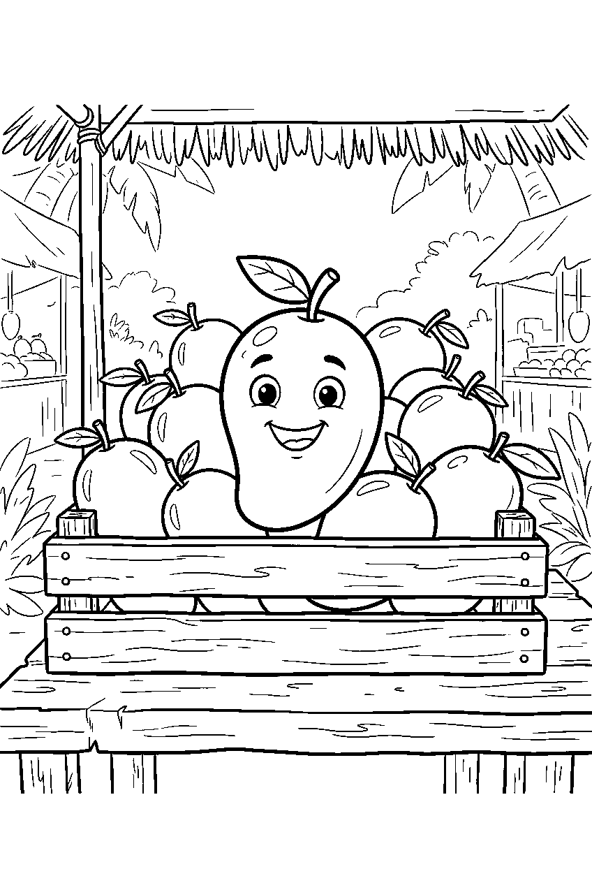 mangoes stacked around one smiling mango inside crate at island market line art