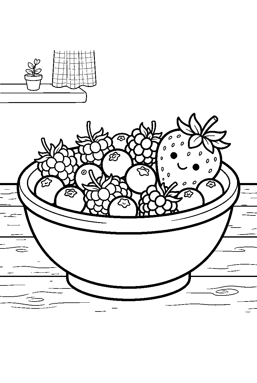 mixed berries in simple bowl with one smiling strawberry on farmhouse table line art