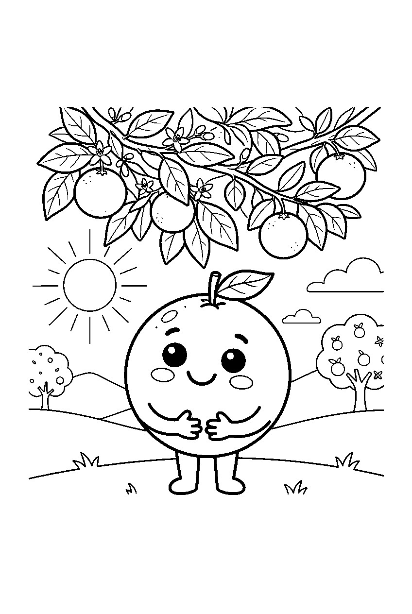 orange smiling beneath leafy branch in sunny citrus grove line art