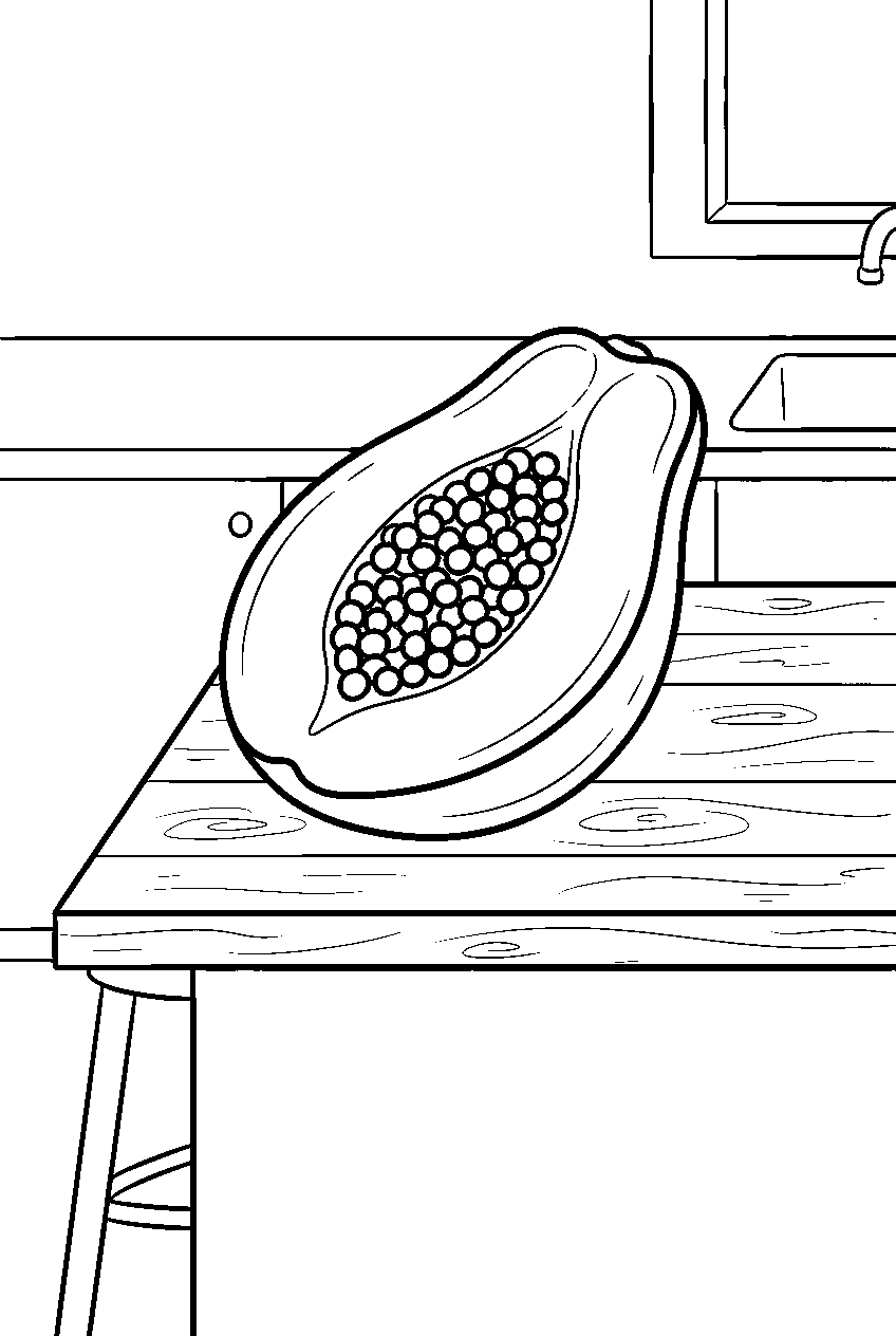 papaya opened with seeds showing on island kitchen table line art