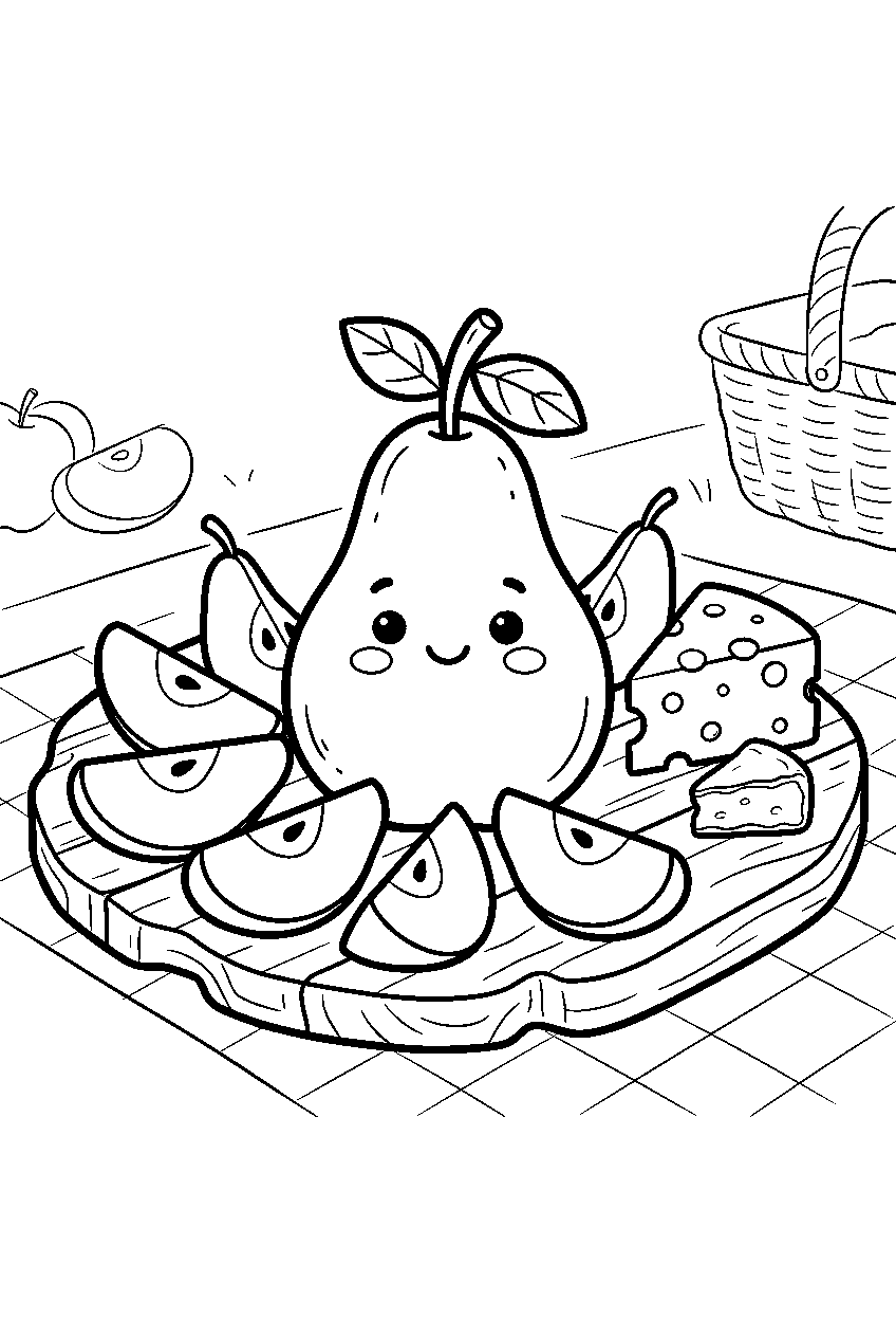 pear slices arranged around one smiling pear beside cheese on picnic board line art
