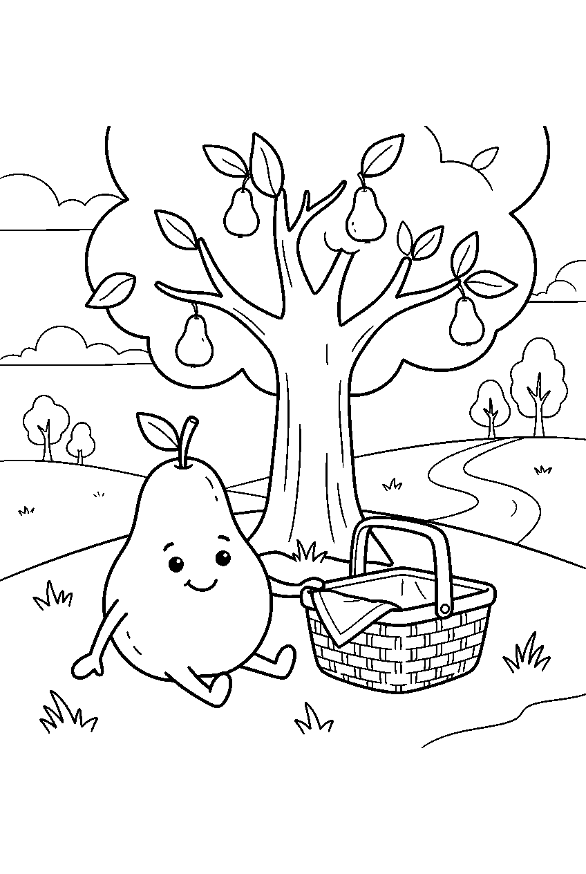 pear smiling beside picnic basket beneath orchard tree line art