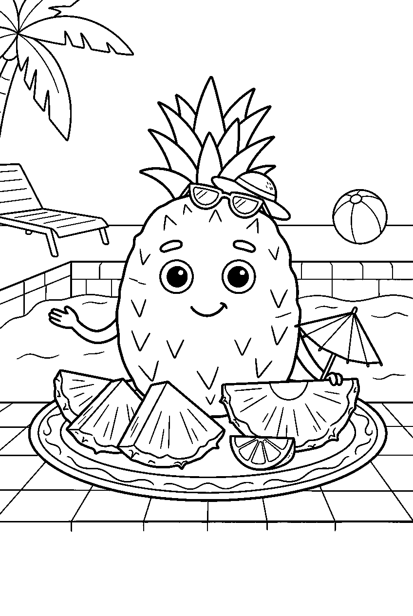 pineapple slices served on poolside platter line art