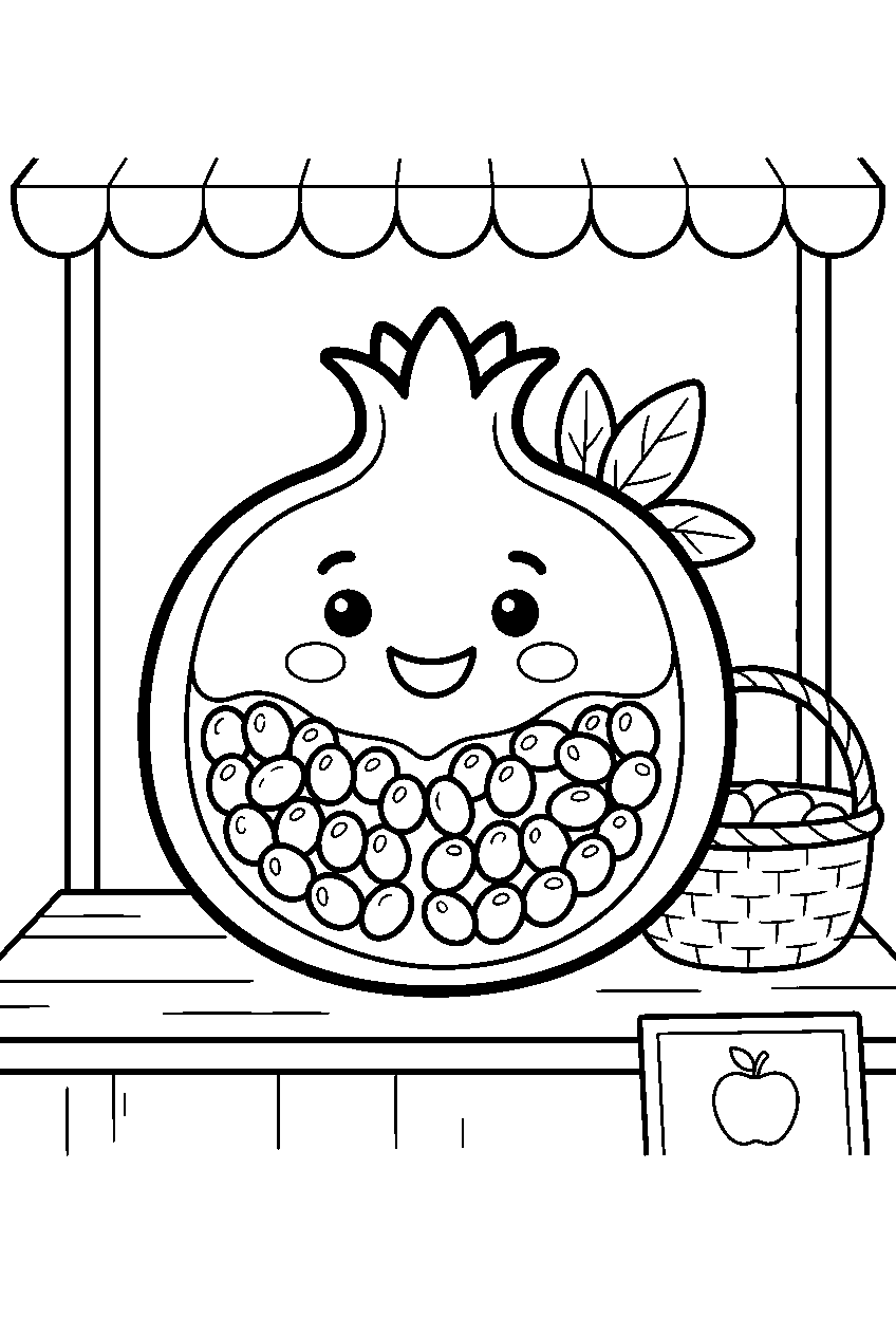 pomegranate smiling with seeds showing at market table line art