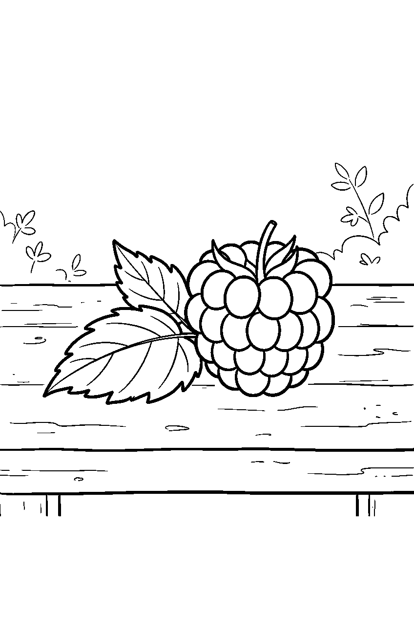 raspberry resting beside one leaf on garden table line art