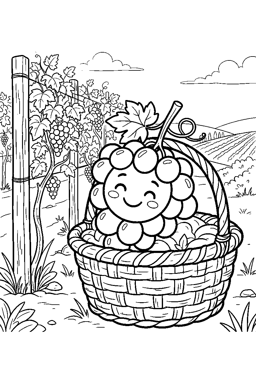 smiling bunch of grapes resting in harvest basket beside vineyard row line art