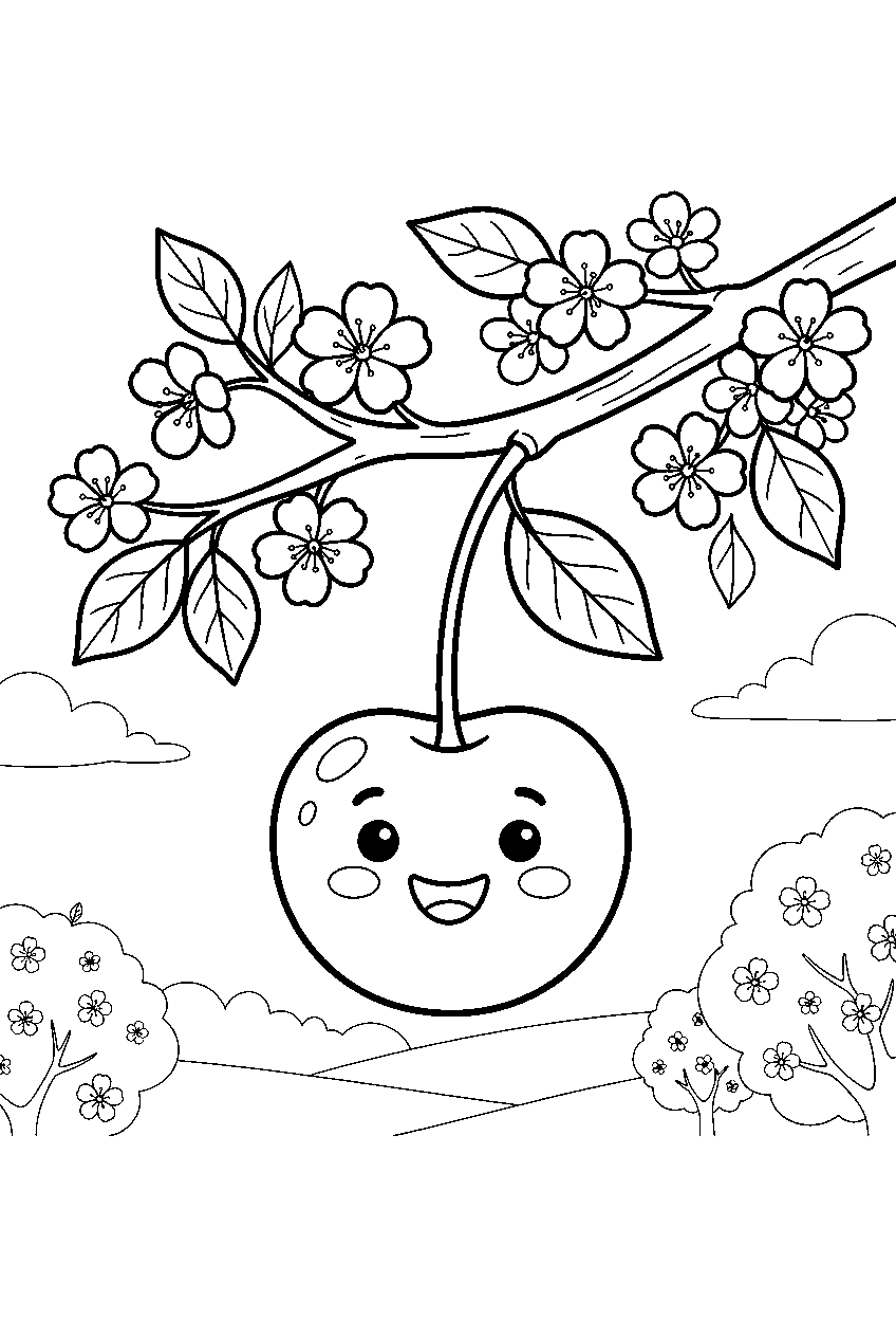smiling cherry hanging from branch in spring orchard line art
