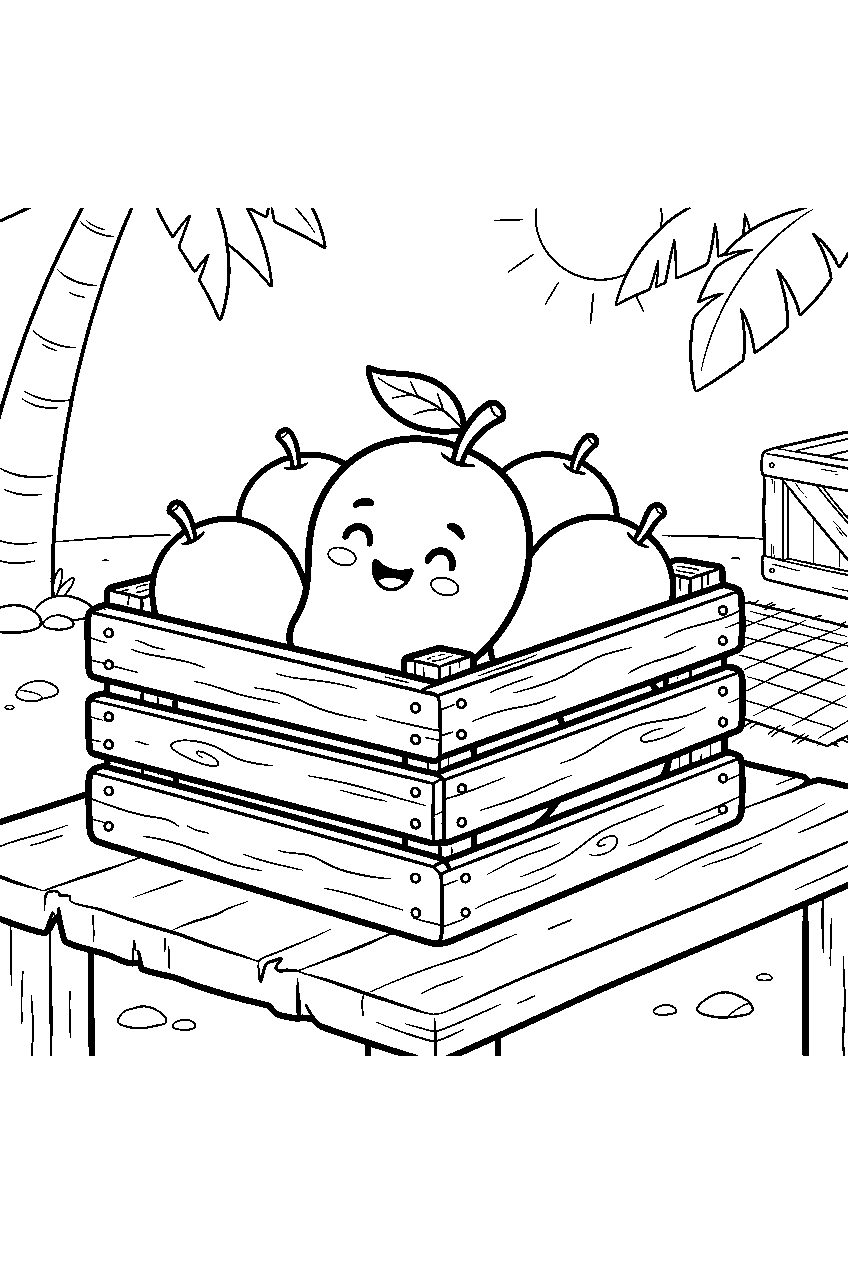 smiling mango resting inside wooden crate at island market line art