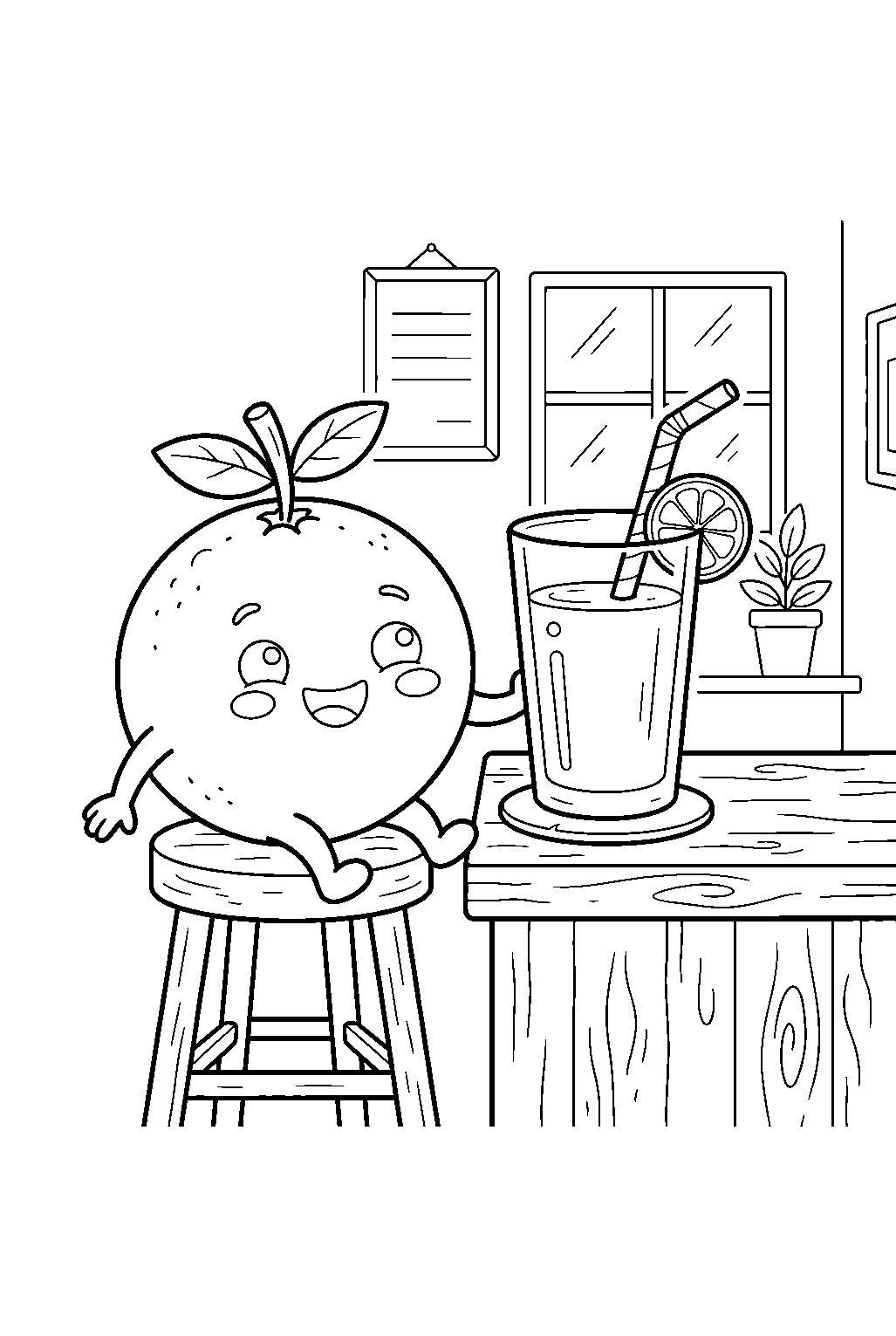 smiling orange beside juice glass at cafe counter line art