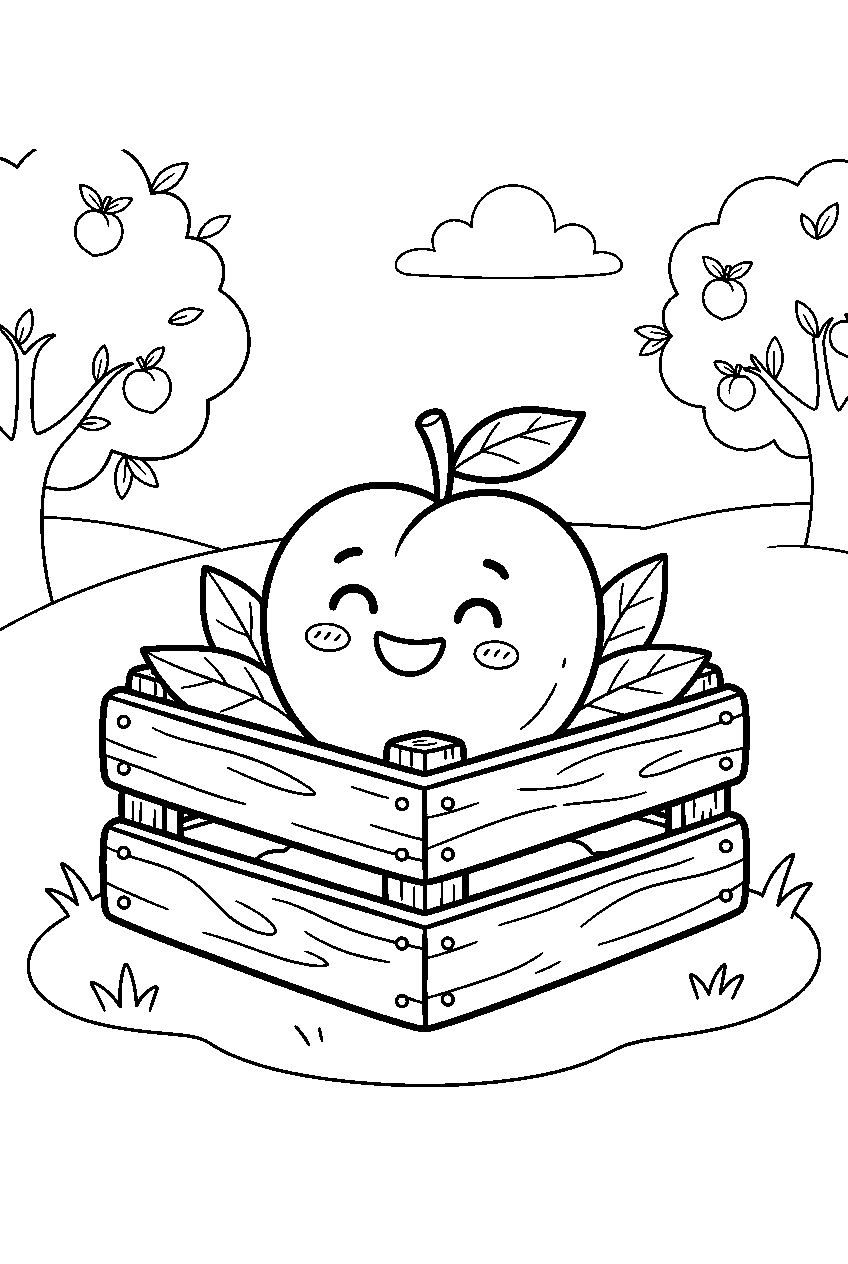 smiling peach resting inside crate in summer orchard line art