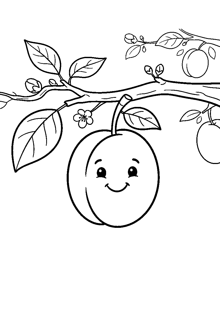 smiling plum hanging from branch in orchard line art