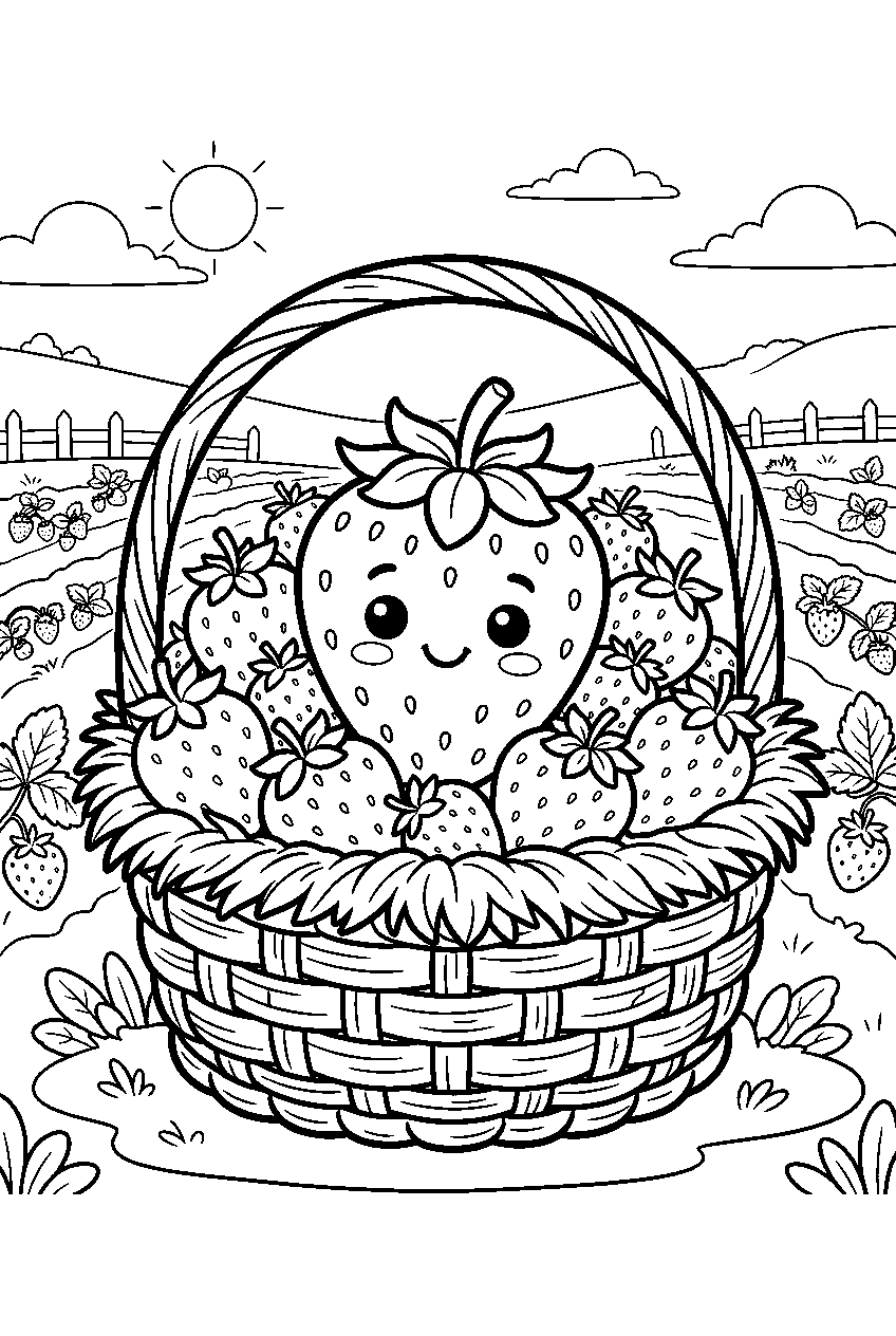 strawberries filling basket around one smiling strawberry at pick your own farm line art