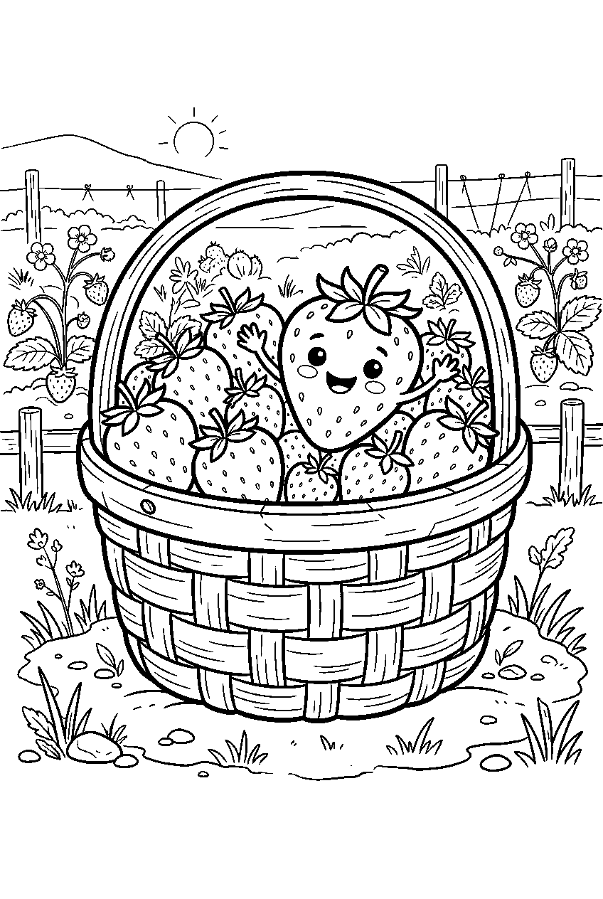 strawberry basket with one smiling strawberry at pick your own farm line art