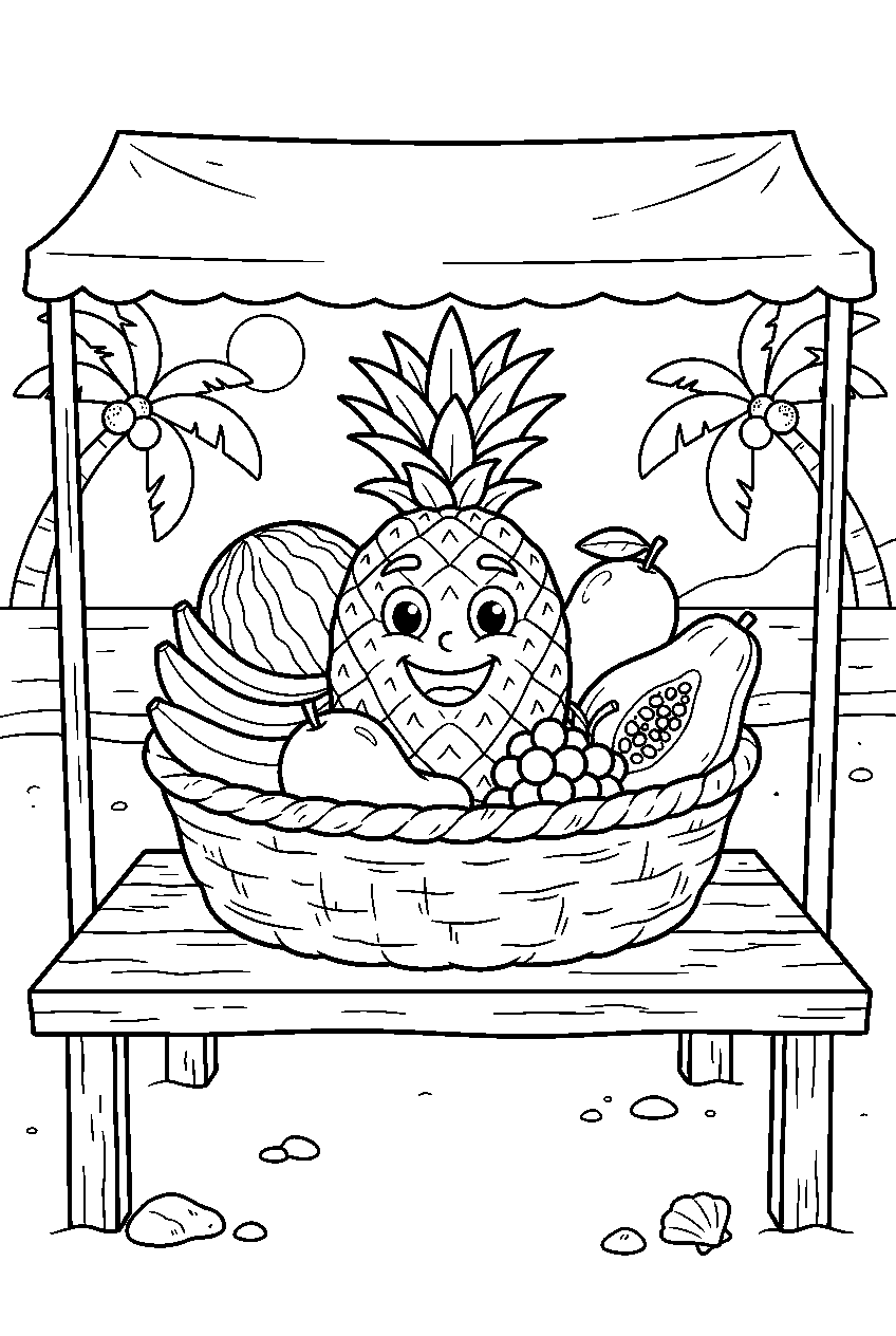 tropical fruit basket with one smiling pineapple at beach market line art