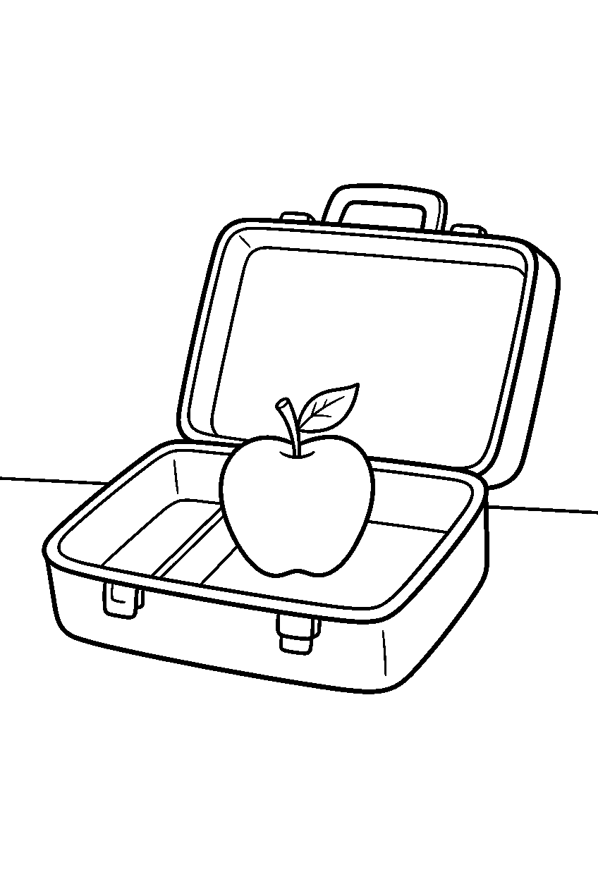 whole apple resting inside open school lunchbox line art