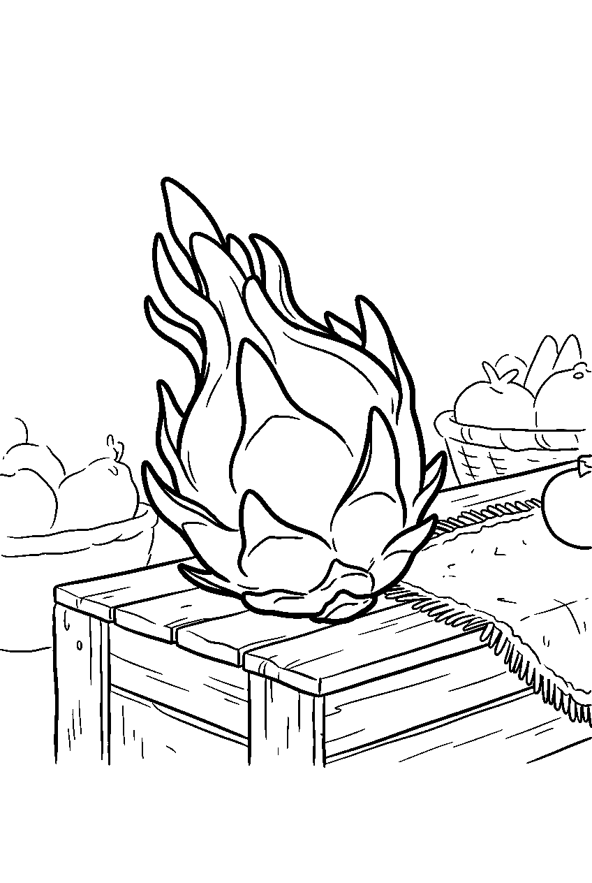 whole dragon fruit resting at tropical market stall line art