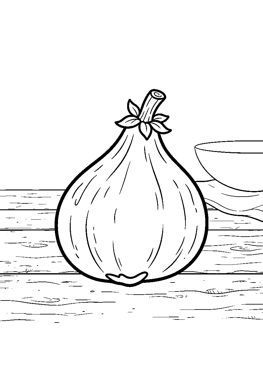 whole fig resting on rustic kitchen table line art