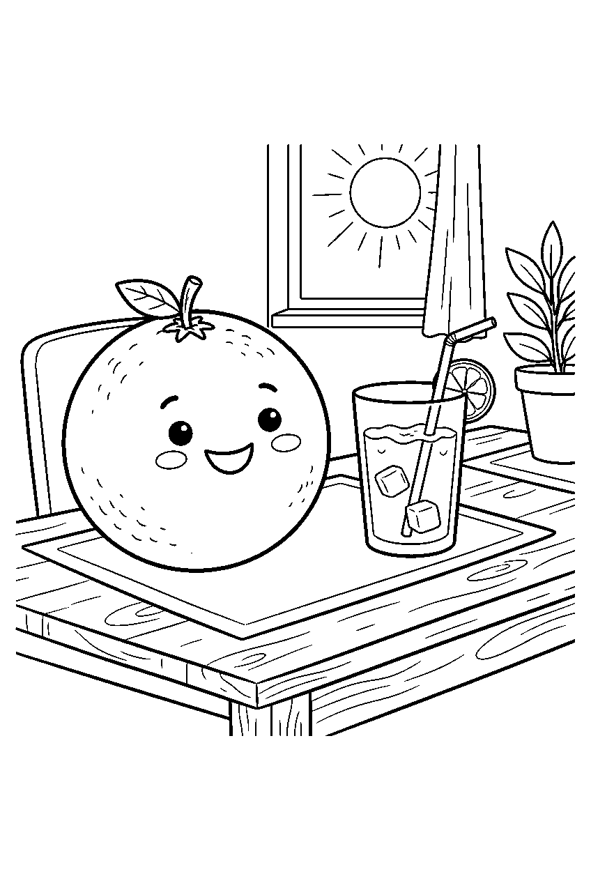 whole grapefruit smiling beside juice glass at sunny breakfast table line art