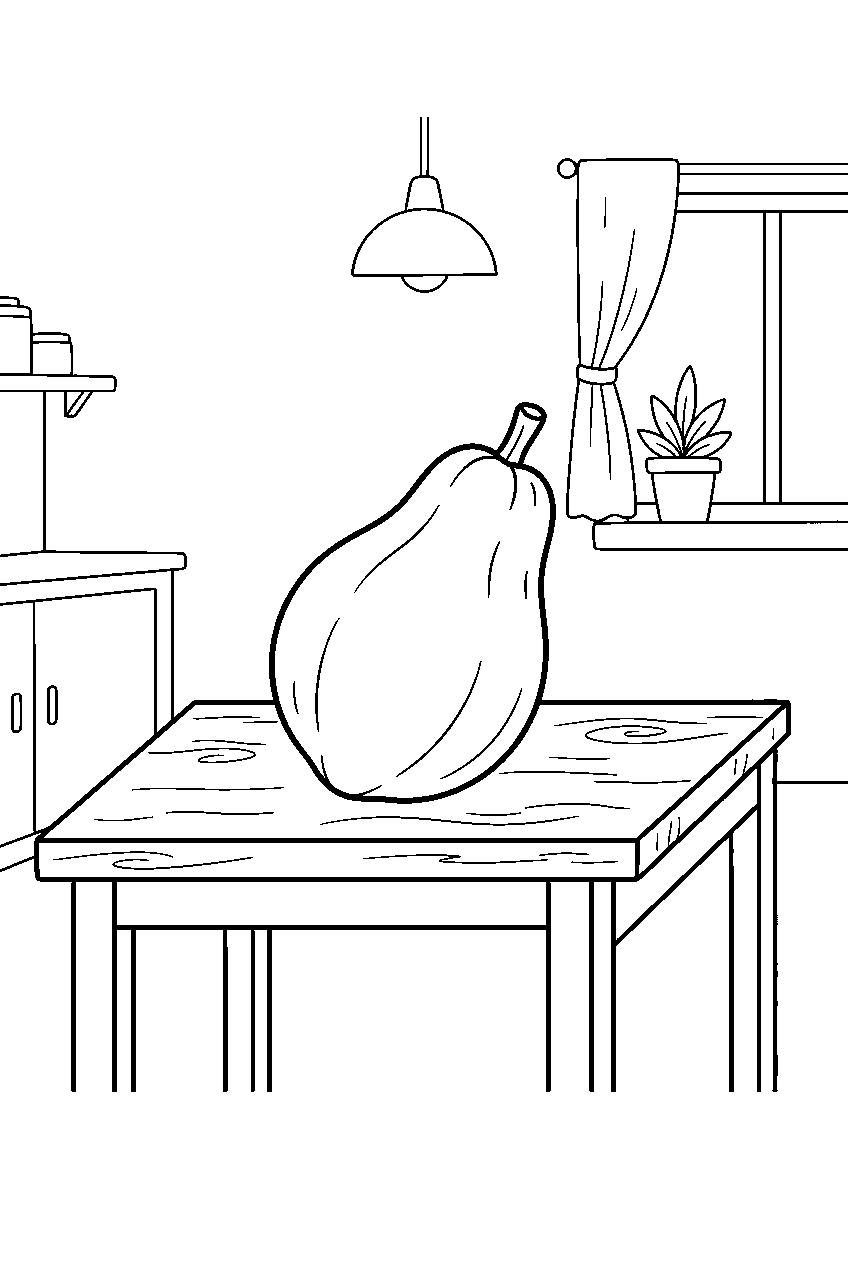 whole papaya resting on island kitchen table line art