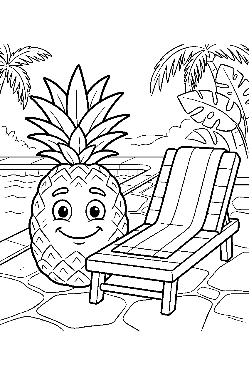 whole pineapple smiling beside pool chair on tropical patio line art