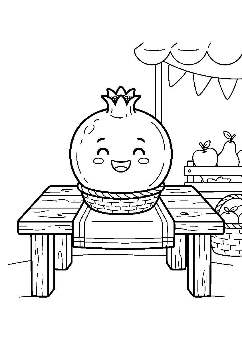 whole pomegranate smiling on simple market table line art