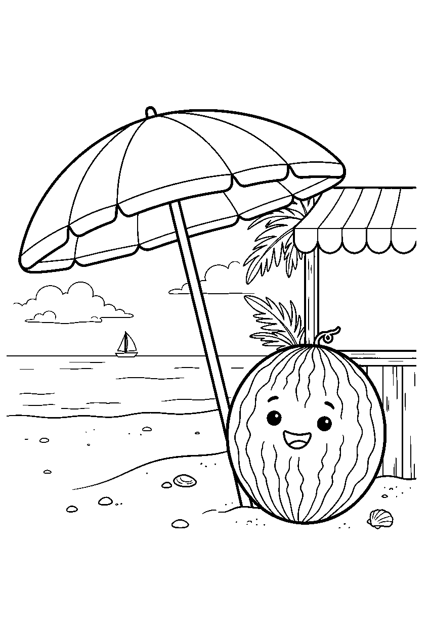 whole watermelon smiling beside umbrella at summer beach stand line art