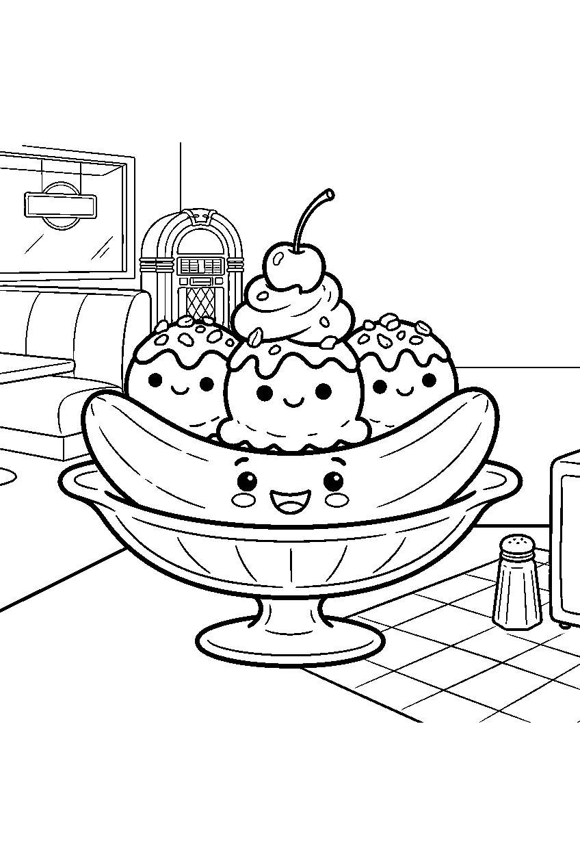 banana split smiling in simple dish at retro diner line art