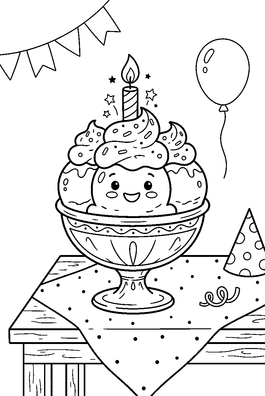 birthday ice cream sundae smiling beside one candle at party table line art