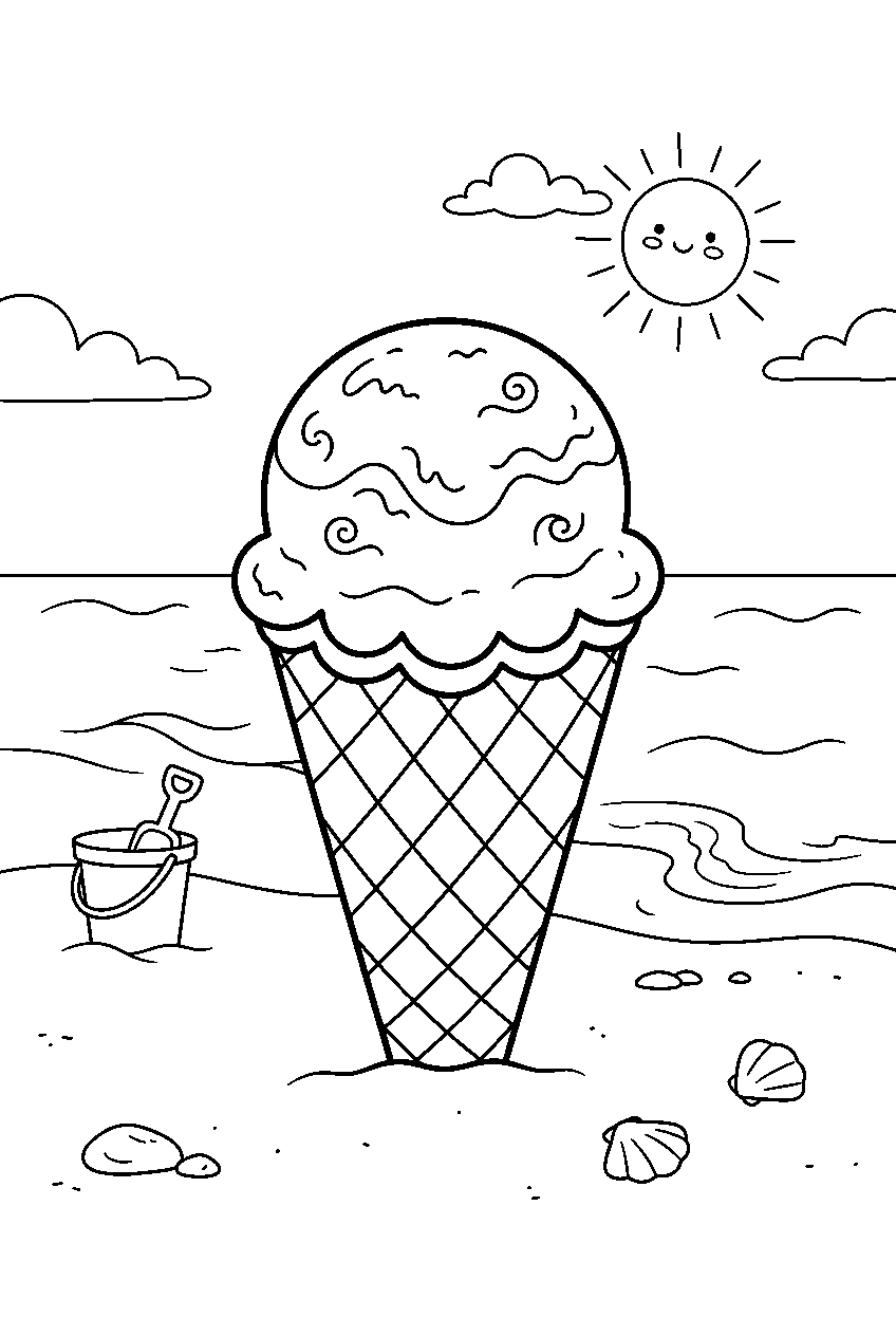 chocolate ice cream scoop resting in cone at beach line art