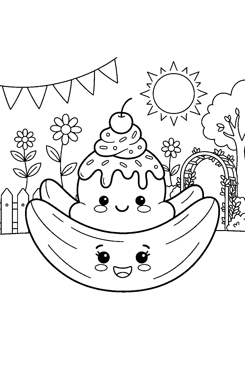 cute banana split smiling at garden party line art