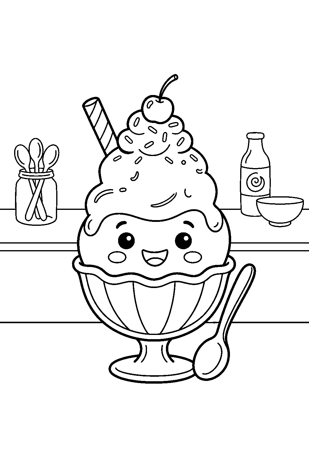 cute chocolate ice cream sundae smiling at dessert bar line art