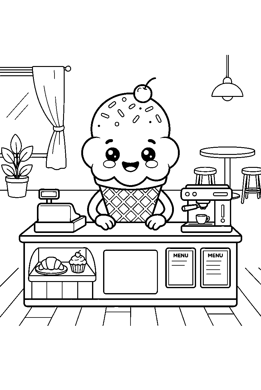 cute ice cream character smiling at cafe counter line art