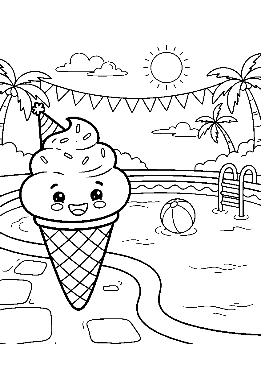 cute ice cream cone smiling beside pool at summer party line art