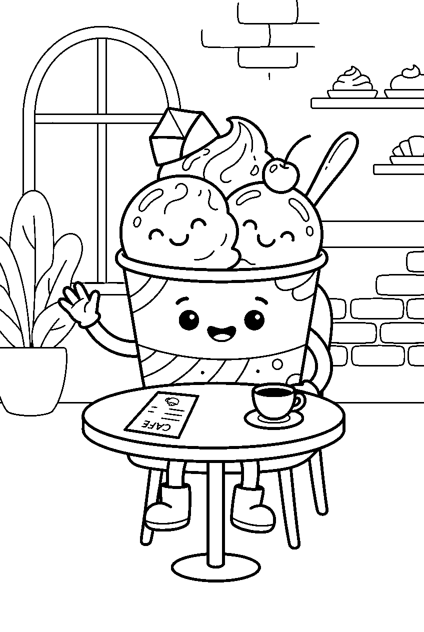 cute ice cream cup smiling at dessert cafe line art