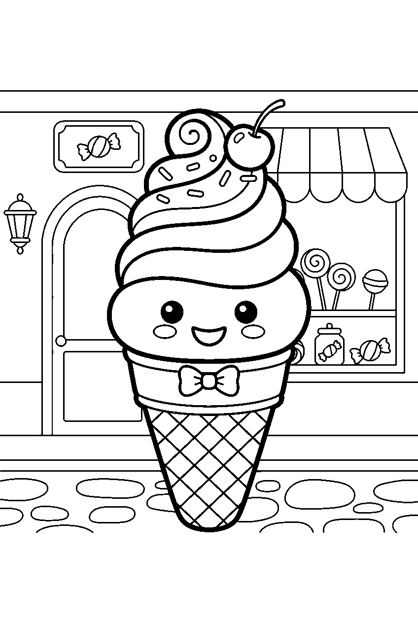 cute rainbow ice cream cone smiling at candy shop line art