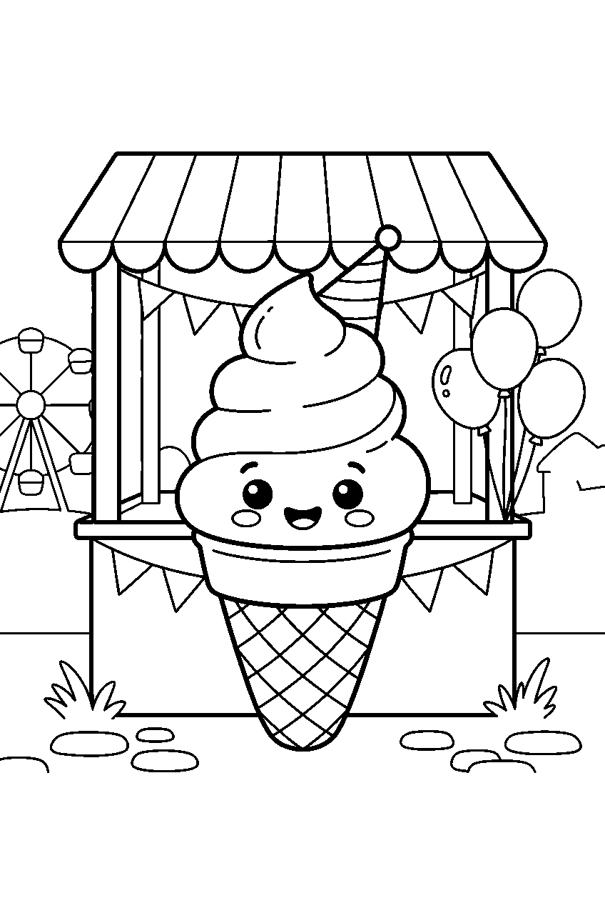cute summer ice cream cone smiling at festival booth line art