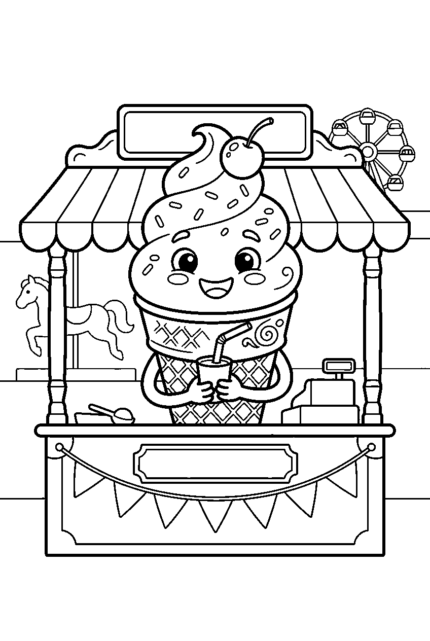 cute twisted soft serve ice cream smiling at carnival stand line art