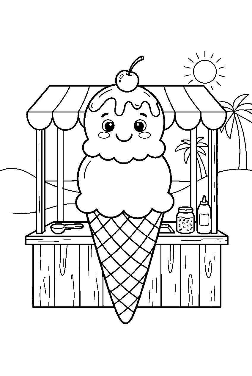cute two scoop ice cream cone smiling at beach stand line art