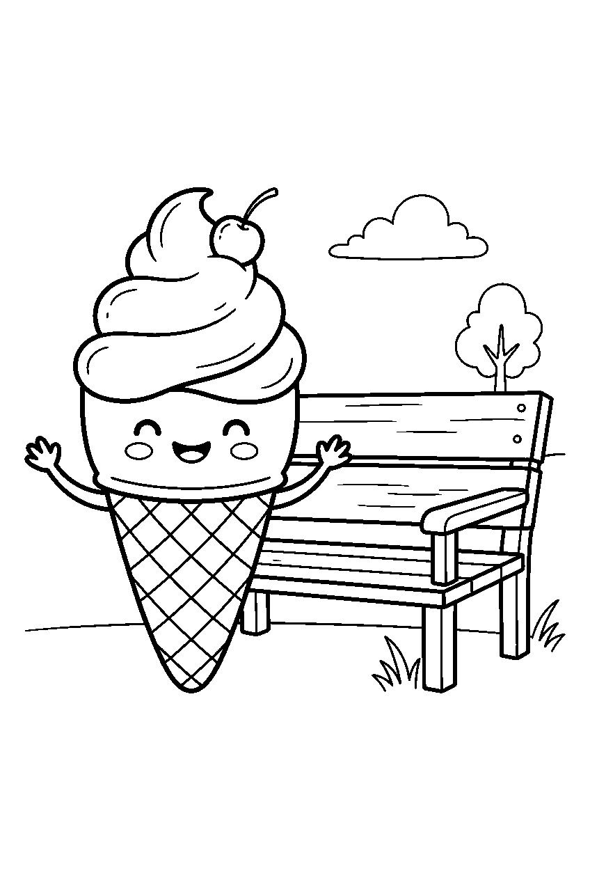 cute vanilla ice cream cone smiling beside park bench line art