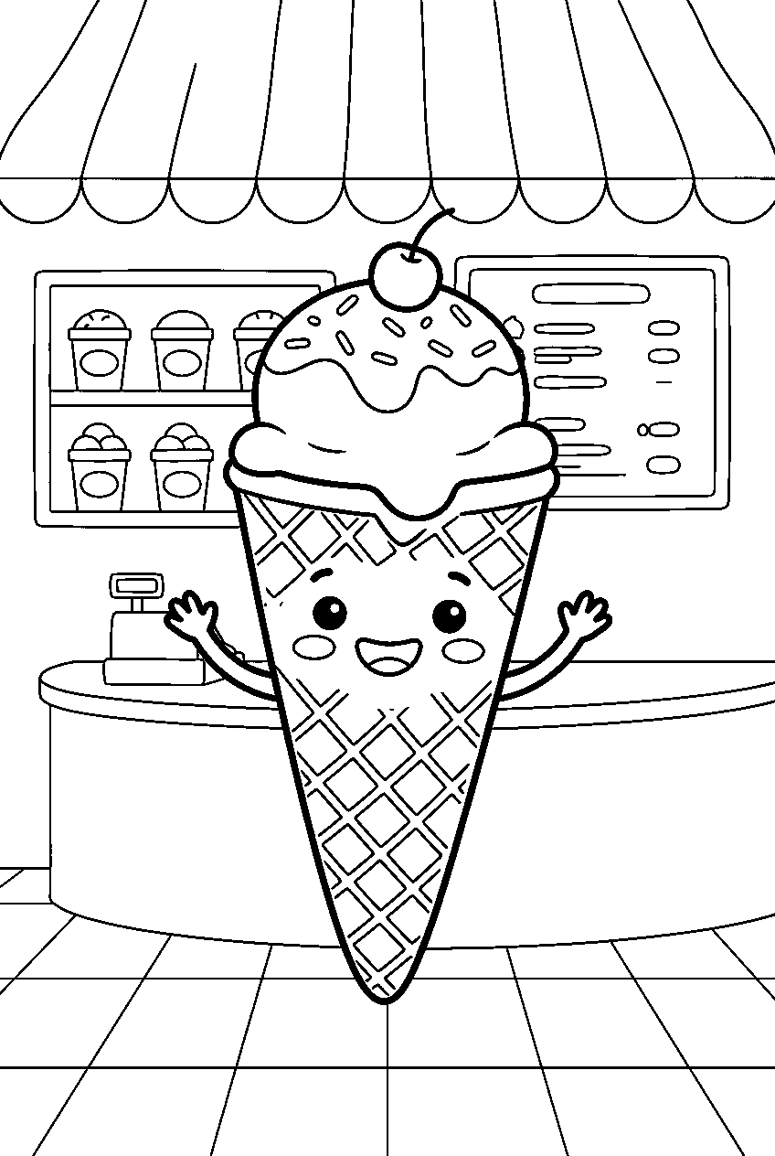 cute waffle cone smiling at ice cream parlor line art