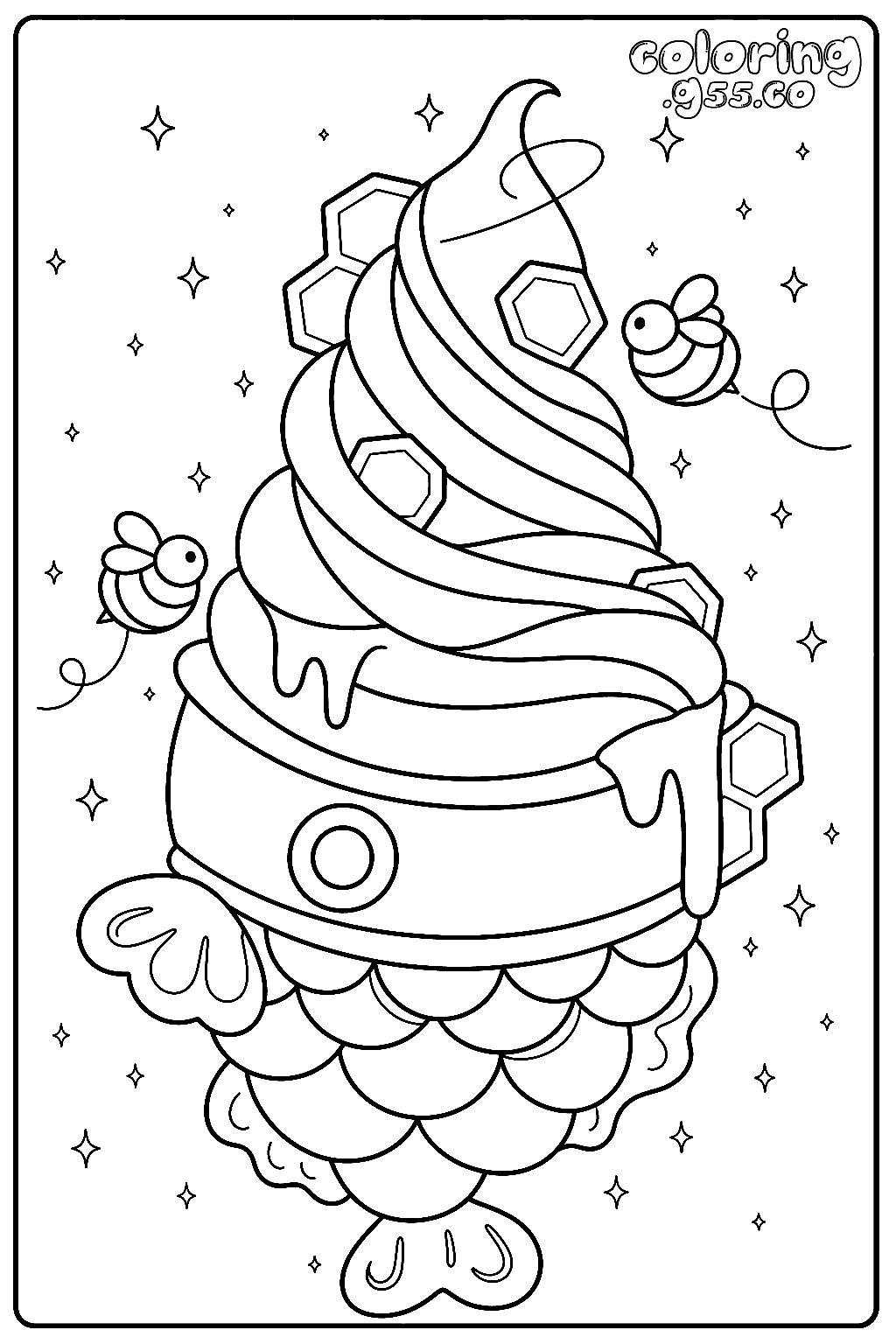 kawaii taiyaki honey bee ice cream line art for kids