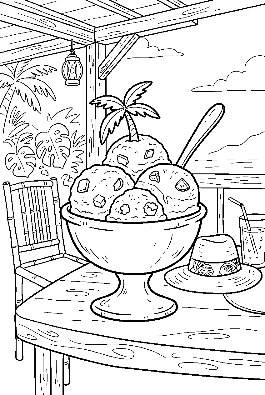 fruit sorbet scoops cooling in bowl at tropical cafe line art