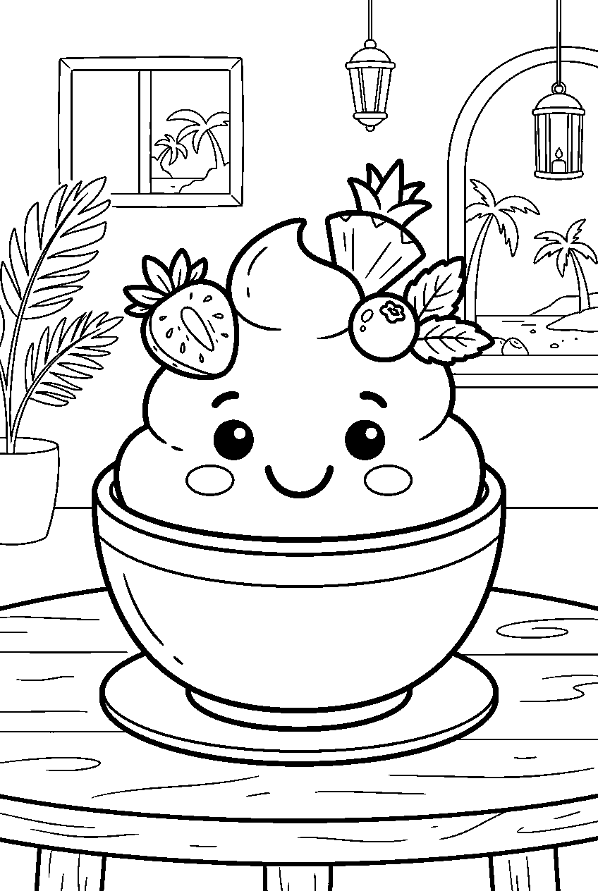 fruit sorbet smiling in simple bowl at tropical cafe line art