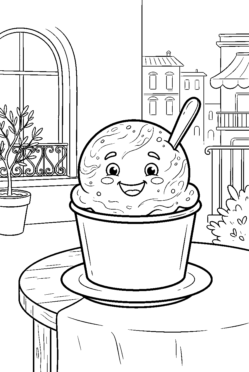gelato scoop smiling in simple cup at italian cafe line art