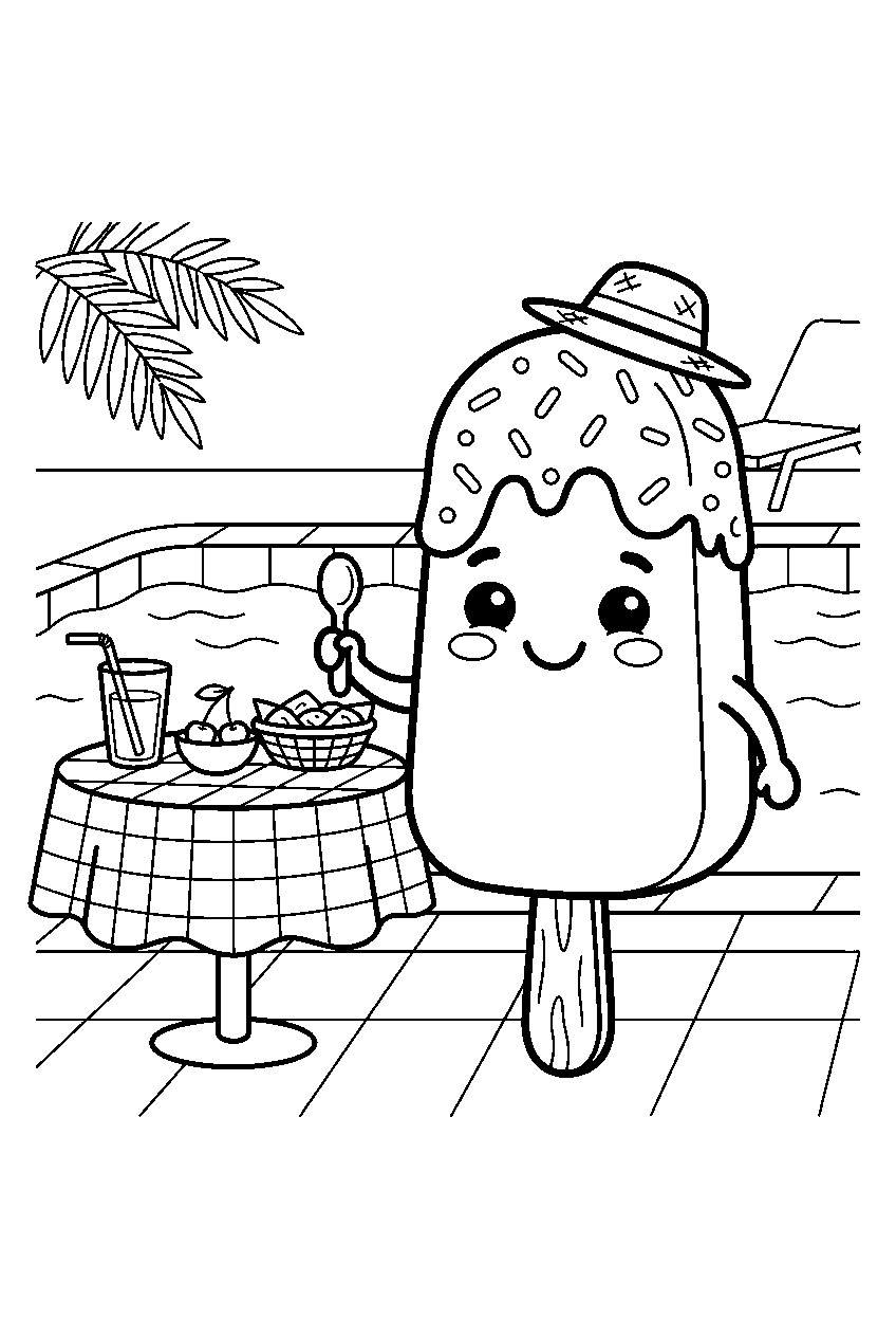 ice cream bar smiling beside pool at snack table line art