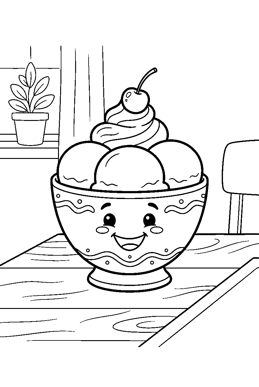 ice cream bowl smiling on family kitchen table line art