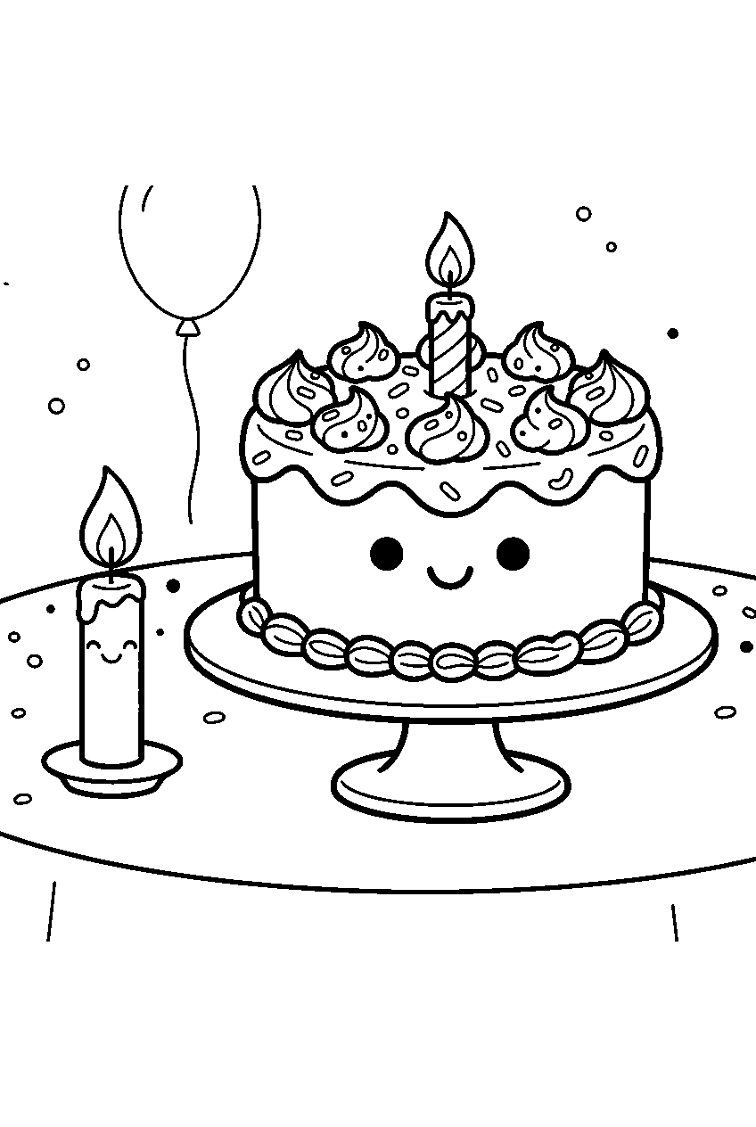ice cream cake smiling beside birthday candle at party table line art